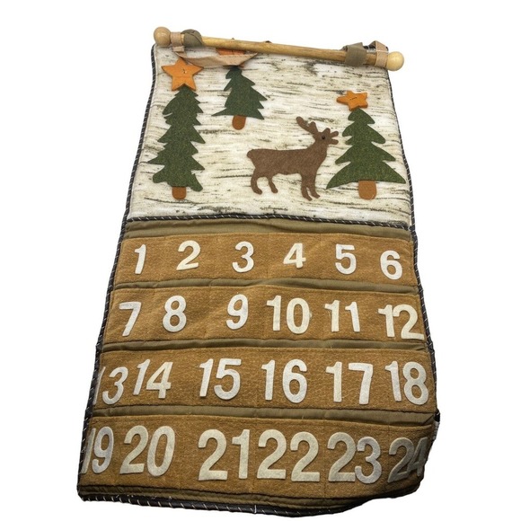 Advent Calendar Moose Trees Primitive Rustic Wooden Dowel Hanger Felt Christmas - Picture 2 of 6